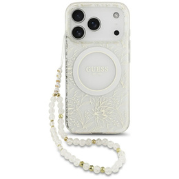Чехол Guess IML Flowers Electroplated Allover With Beads Strap, для MagSafe, с ремешком для iPhone 17 Pro