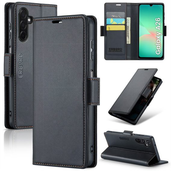 Чехол для Samsung Galaxy A26, ERBORD Glossy Litchi, кошелек с клапаном, чёрный