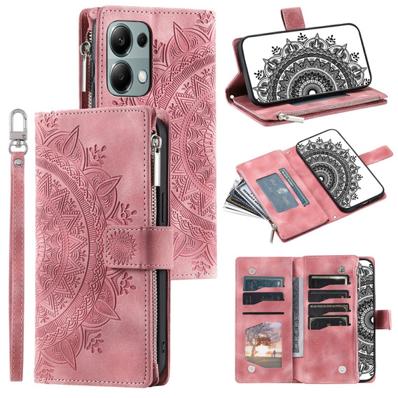 Откидной чехол для Xiaomi Redmi Note 13 Pro 4G / Xiaomi Redmi Note 14S / Xiaomi Poco M6 Pro 4G, Mandala, розовый rose gold