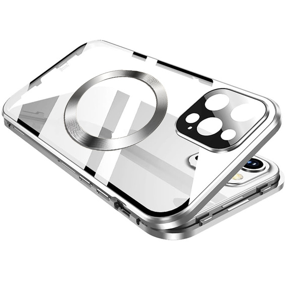 Магнитный чехол с двойным стеклом MagSafe для iPhone 16 Pro Max, серебряный