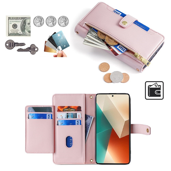 Откидной чехол для Xiaomi Redmi Note 13 5G, Wallet Zipper Pocket, розовый
