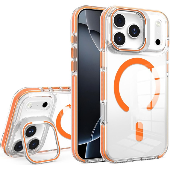 Чохол для iPhone 17 Pro Max, для MagSafe, з підставкою, прозорий з помаранчевими вставками
