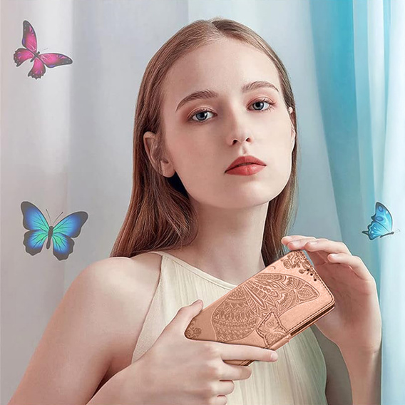 Откидной чехол для Xiaomi Poco F7 Pro, Butterfly, розовый rose gold