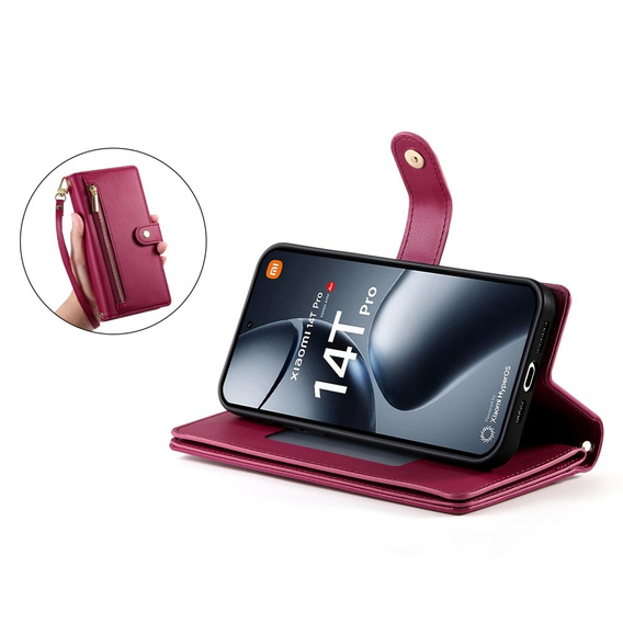 Откидной чехол для Xiaomi 14T Pro, Wallet Zipper Pocket, красный