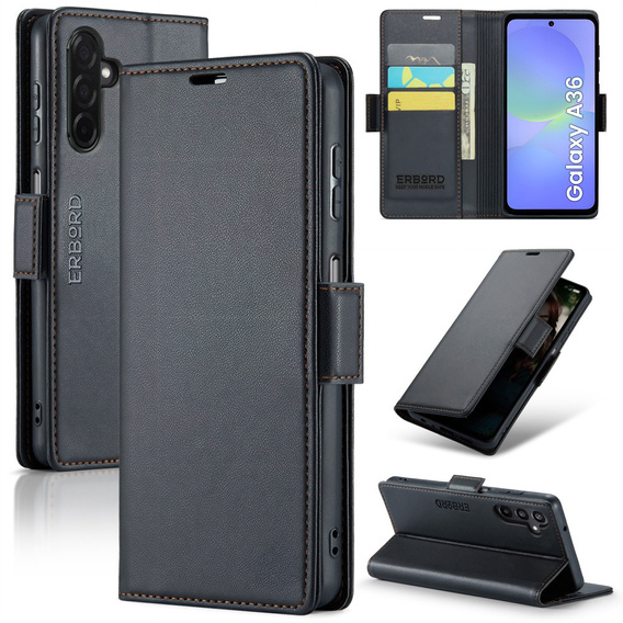 Чохол для Samsung Galaxy A36, ERBORD Glossy Litchi, гаманець з клапаном, чорний