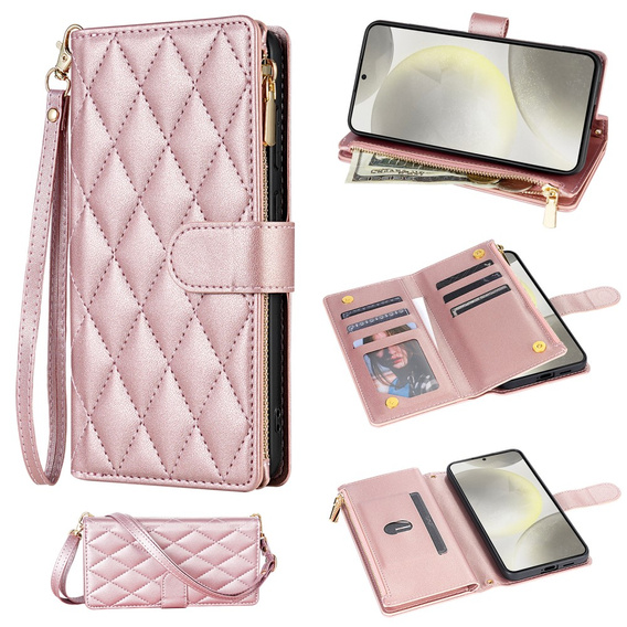 чехол-крышка для Samsung Galaxy S25 Edge, Rhombus Crossbody Leather, розовый rose gold