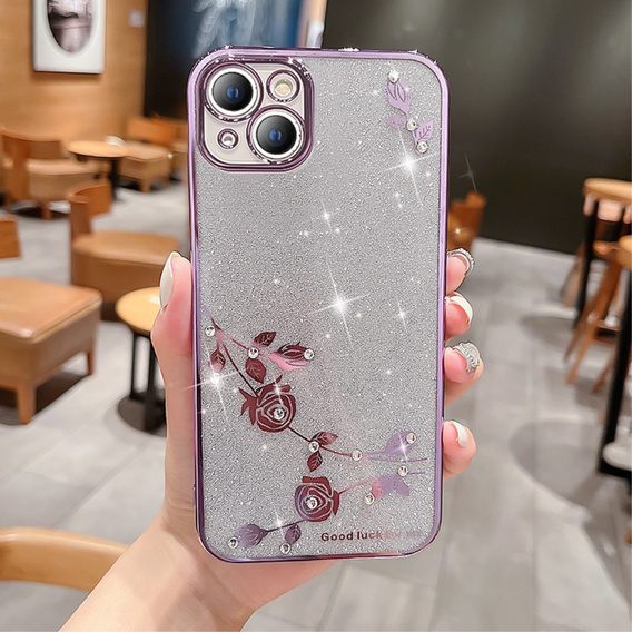 Чохол для iPhone 14 Plus, Glitter Flower, фіолетовий