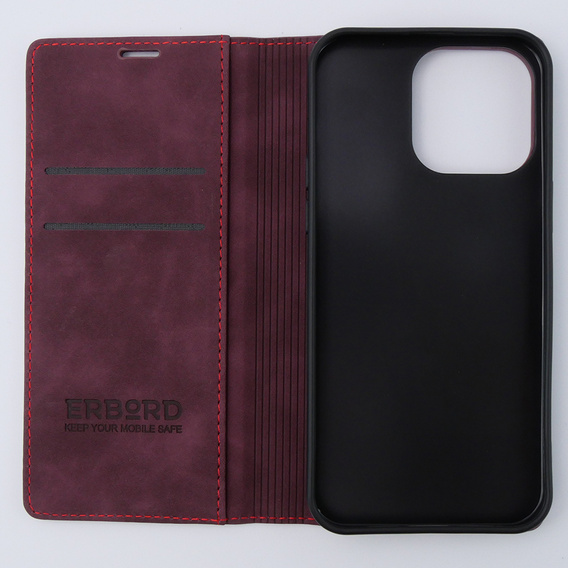 Чехол для iPhone 15 Pro, ERBORD Vintage, бумажник с клапаном, красный
