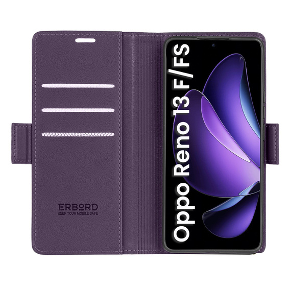 Чохол для Oppo Reno 13F / Oppo Reno 13FS, ERBORD Glossy Litchi, гаманець з клапаном, фіолетовий