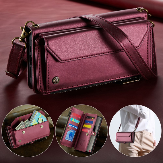 Чехол CASEME для Samsung Galaxy S25 Ultra, RFID Leather Wallet, с плечевым ремнем, красный