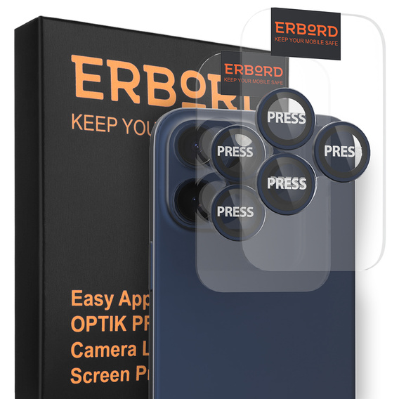 2x загартоване скло ERBORD OPTIK Pro для камери iPhone 16 Pro/16 Pro Max / 15 Pro/15 Pro Max/14 Pro/14 Pro Max, титановий синій