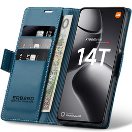 Чехол для Xiaomi 14T, ERBORD Glossy Litchi, кошелек с клапаном, синий
