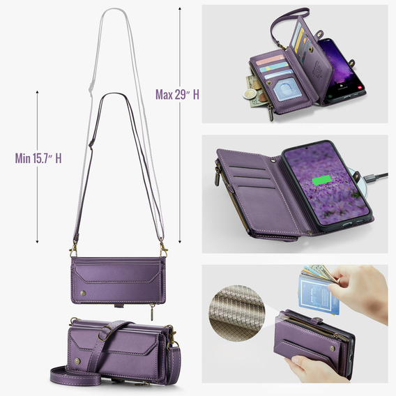 Чехол CASEME для Samsung Galaxy S25 FE, RFID Leather Wallet, с плечевым ремнем, фиолетовый