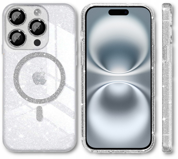 Чохол для iPhone 16 Pro, ERBORD Glitter MagSafe, прозорий + Скло для екрану