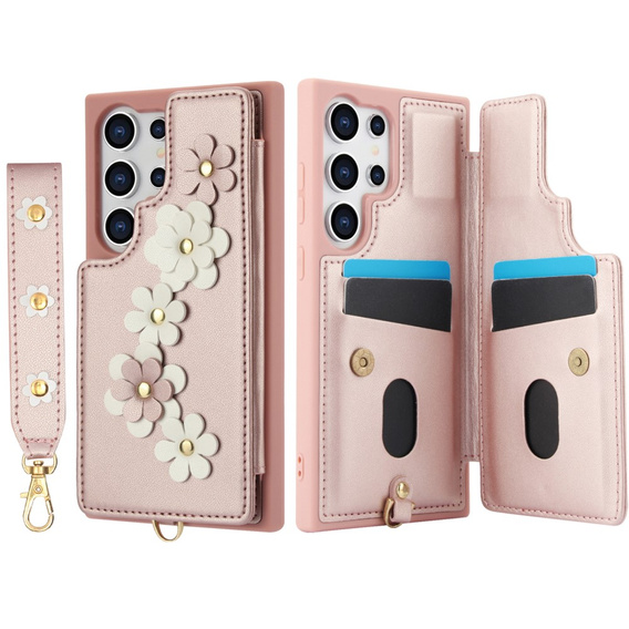 Чехол для Samsung Galaxy S25 Ultra, Leather Flower Card Slot, розовый