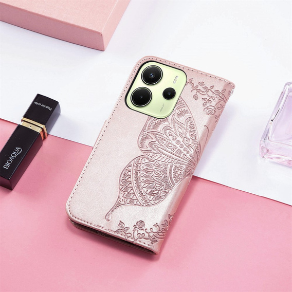 Чохол-книжка для Xiaomi Redmi Note 14 4G, Butterfly, рожевий rose gold