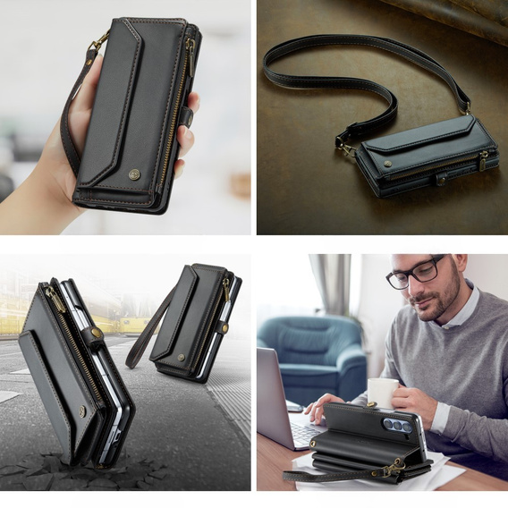 Чехол CASEME для Samsung Galaxy Z Fold6 5G, RFID Leather Wallet, с плечевым ремнем, чёрный