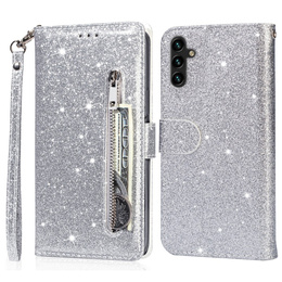 Откидной чехол для Samsung Galaxy A36 5G, Wallet Zipper Pocket Glittery, серебряный