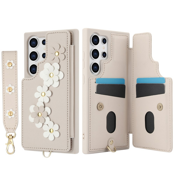 Чехол для Samsung Galaxy S24 Ultra, Leather Flower Card Slot, бежевый