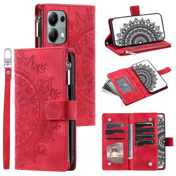 Откидной чехол для Xiaomi Redmi Note 13 Pro 4G / Xiaomi Redmi Note 14S / Xiaomi Poco M6 Pro 4G, Mandala, красный