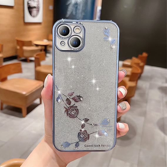 Чехол для iPhone 14 Plus, Glitter Flower, синий