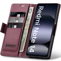 Чохол для Xiaomi Redmi Note 14 5G, ERBORD Glossy Litchi, гаманець з клапаном, червоний