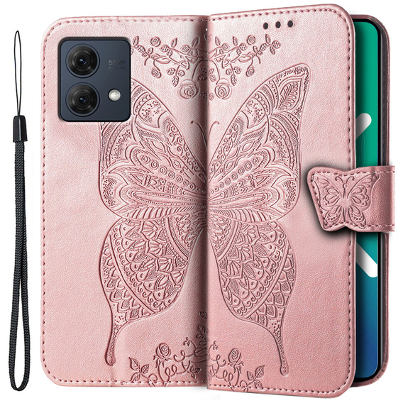 Откидной чехол для Motorola Moto G84, Butterfly, розовый rose gold