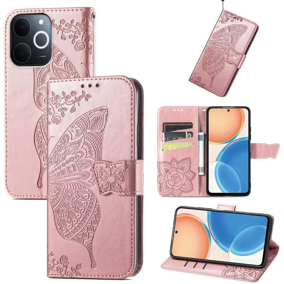Откидной чехол для Realme Note 70T 4G, Butterfly, розовый rose gold