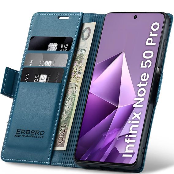 Чехол для Infinix Note 50 Pro, ERBORD Glossy Litchi, кошелек с клапаном, синий
