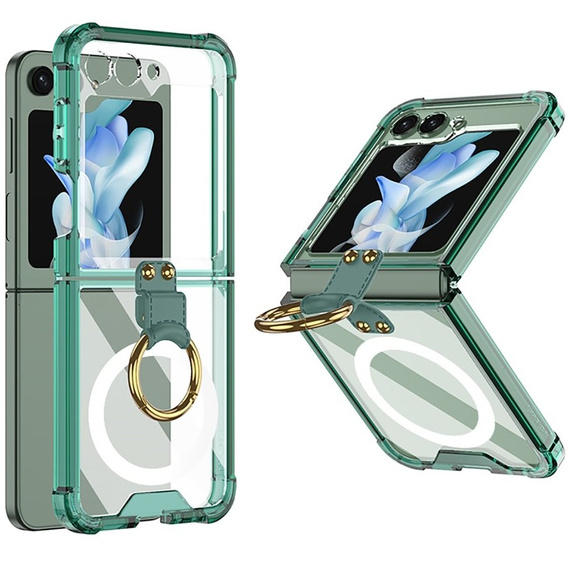Чехол GKK для Galaxy Z Flip 5 5G, углы Dropproof MagSafe, прозрачный / зеленый