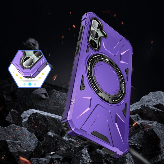 Чохол для Samsung Galaxy A15 5G, броньований з підставкою та ручкою, фіолетовий + скло 9H