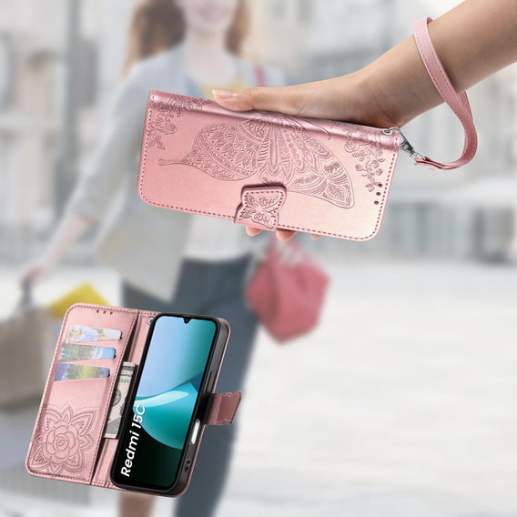 Чохол-книжка для Xiaomi Redmi 15C 4G/LTE, Butterfly, рожевий rose gold