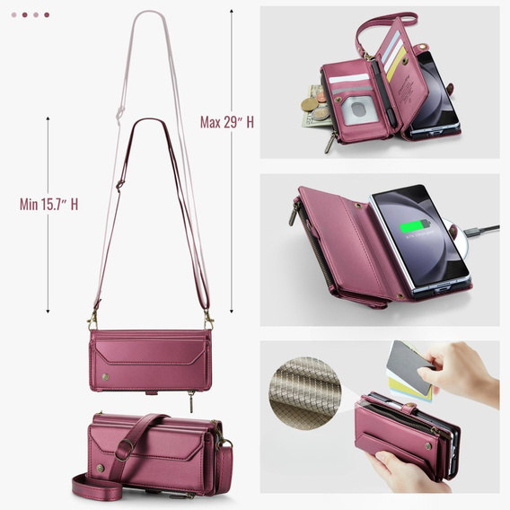 Чехол CASEME для Samsung Galaxy Z Fold6 5G, RFID Leather Wallet, с плечевым ремнем, красный