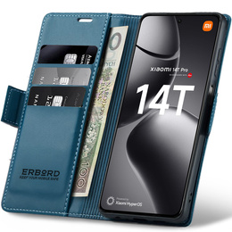 Чехол для Xiaomi 14T Pro, ERBORD Glossy Litchi, кошелек с клапаном, синий