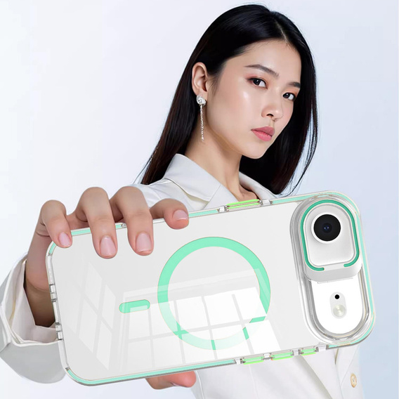 Чехол для iPhone Air, для MagSafe, с подставкой, прозрачный с зелеными вставками