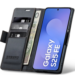 Чехол для Samsung Galaxy S25 FE, ERBORD Glossy Litchi, кошелек с клапаном, чёрный