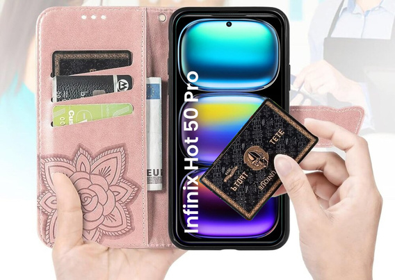 Чохол-книжка для Infinix Hot 50 Pro+ 4G, Butterfly, рожевий rose gold