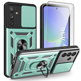 Бронированный чехол для Samsung Galaxy A36, CamShield Slide, зелёный + закаленное стекло 9H