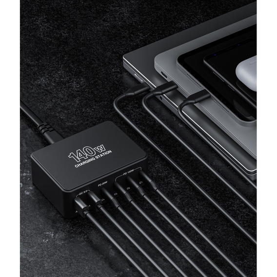 Зарядна станція ERBORD 140 Вт 4x USB-C + 2x USB-A, чорна