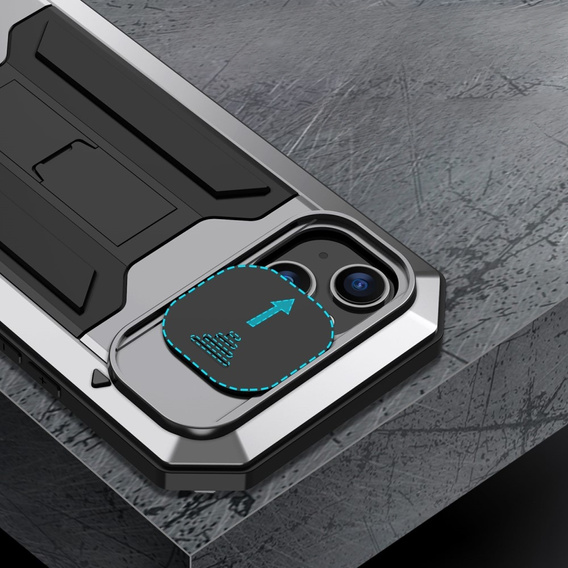 Чехол для iPhone 14, R-JUST CamShield Slide, бронированный, серебряный / черный