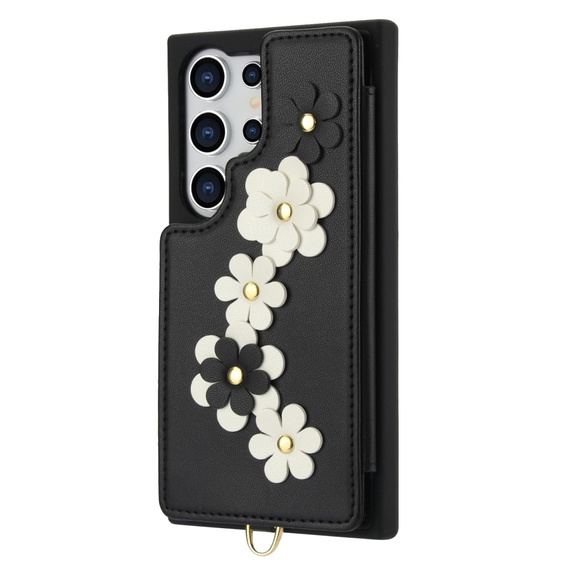Чехол для Samsung Galaxy S25 Ultra, Leather Flower Card Slot, чёрный
