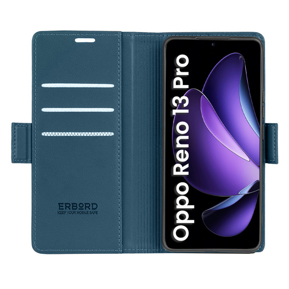 Чехол для Oppo Reno 13 Pro, ERBORD Glossy Litchi, кошелек с клапаном, синий