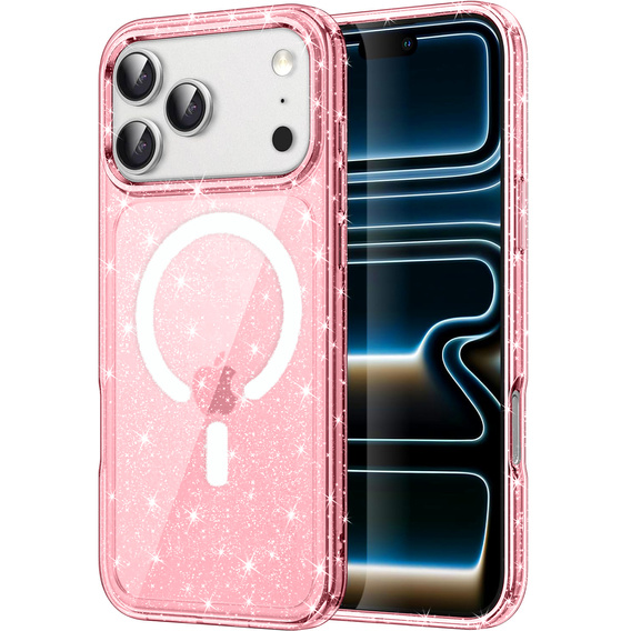 Чехол для iPhone 17 Pro, для MagSafe, глиттер, прозрачно-розовый