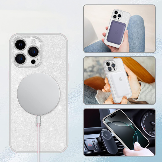 Чохол для iPhone 16 Pro, ERBORD Glitter MagSafe, прозорий + Скло для екрану