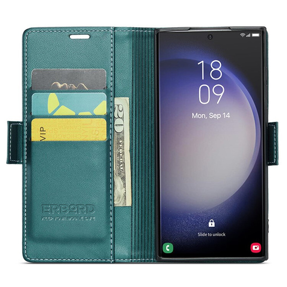 Чехол для Samsung Galaxy S24 Ultra, ERBORD Glossy Litchi, кошелек с клапаном, зелёный