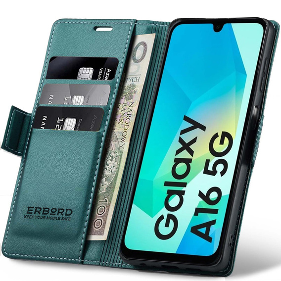 Чехол для Samsung Galaxy A16, ERBORD Glossy Litchi, кошелек с клапаном, зелёный