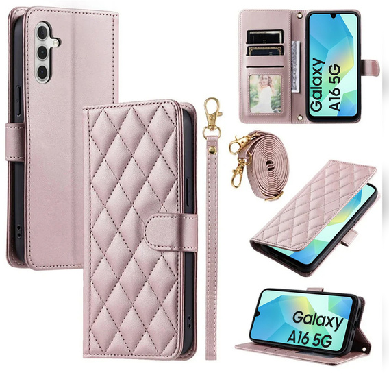 Чохол-сумка для Samsung Galaxy A16, Rhombus Crossbody Leather, рожевий rose gold