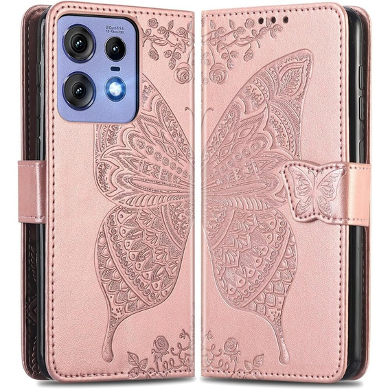 Откидной чехол для Motorola Edge 50 Pro, Butterfly, розовый rose gold