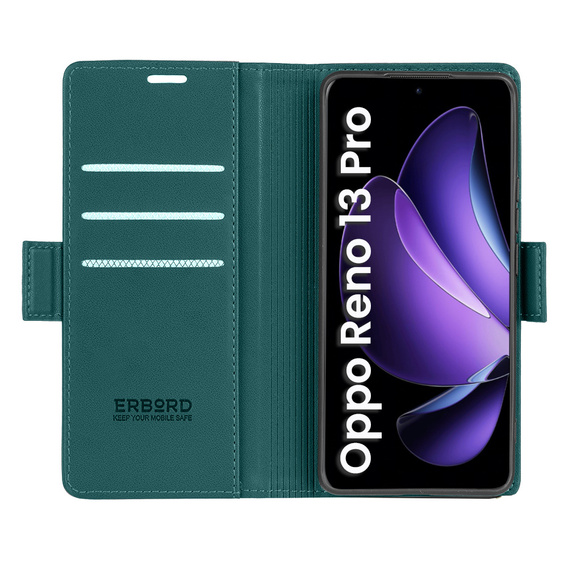 Чохол для Oppo Reno 13 Pro, ERBORD Glossy Litchi, гаманець з клапаном, зелений