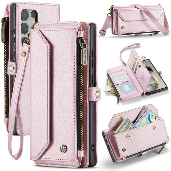 Чехол CASEME для Samsung Galaxy S25 Ultra, RFID Leather Wallet, с плечевым ремнем, розовый